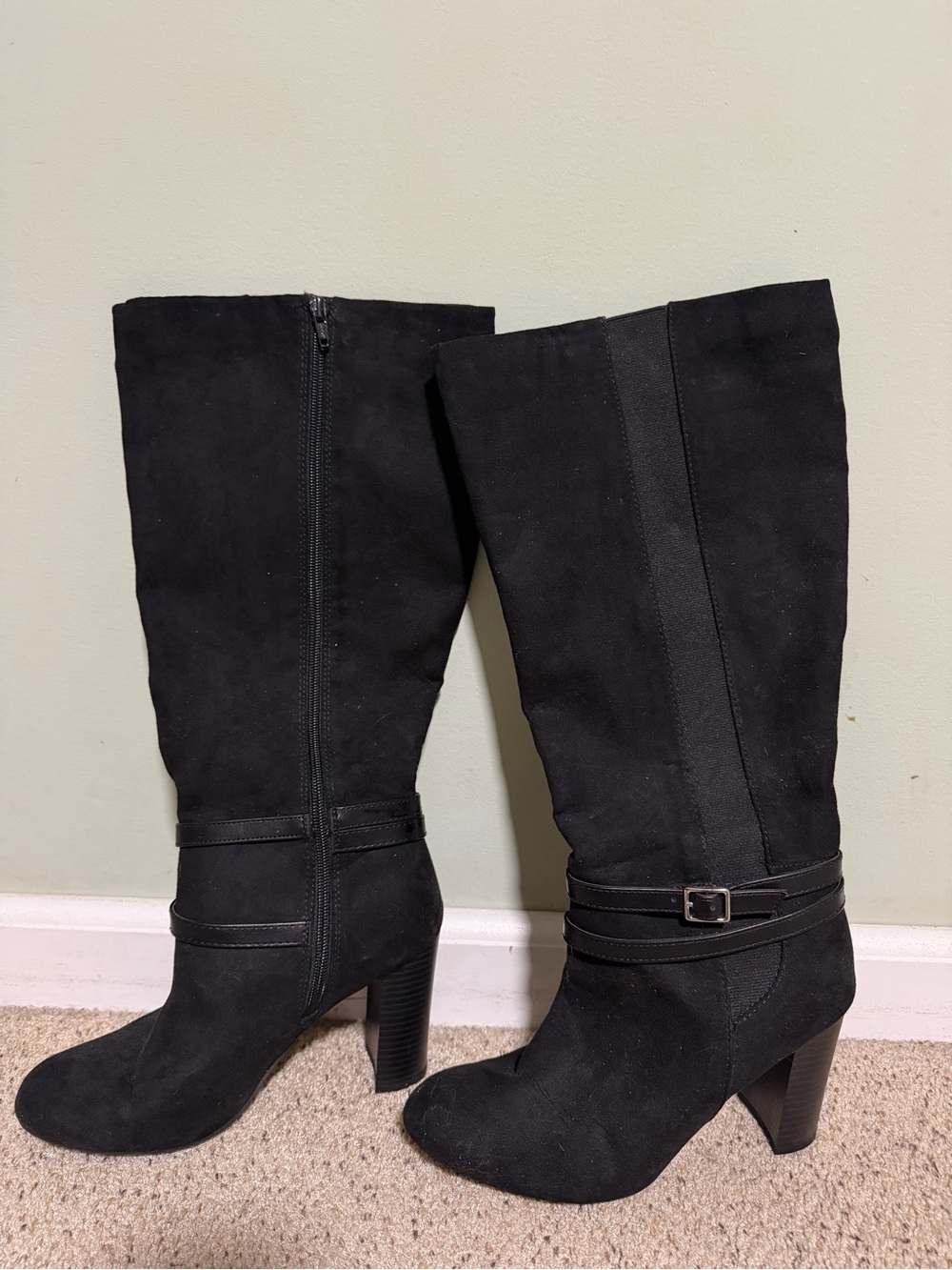 LC Lauren Conrad Black Suede Mid-Calf Heeled Boots With Memory Foam